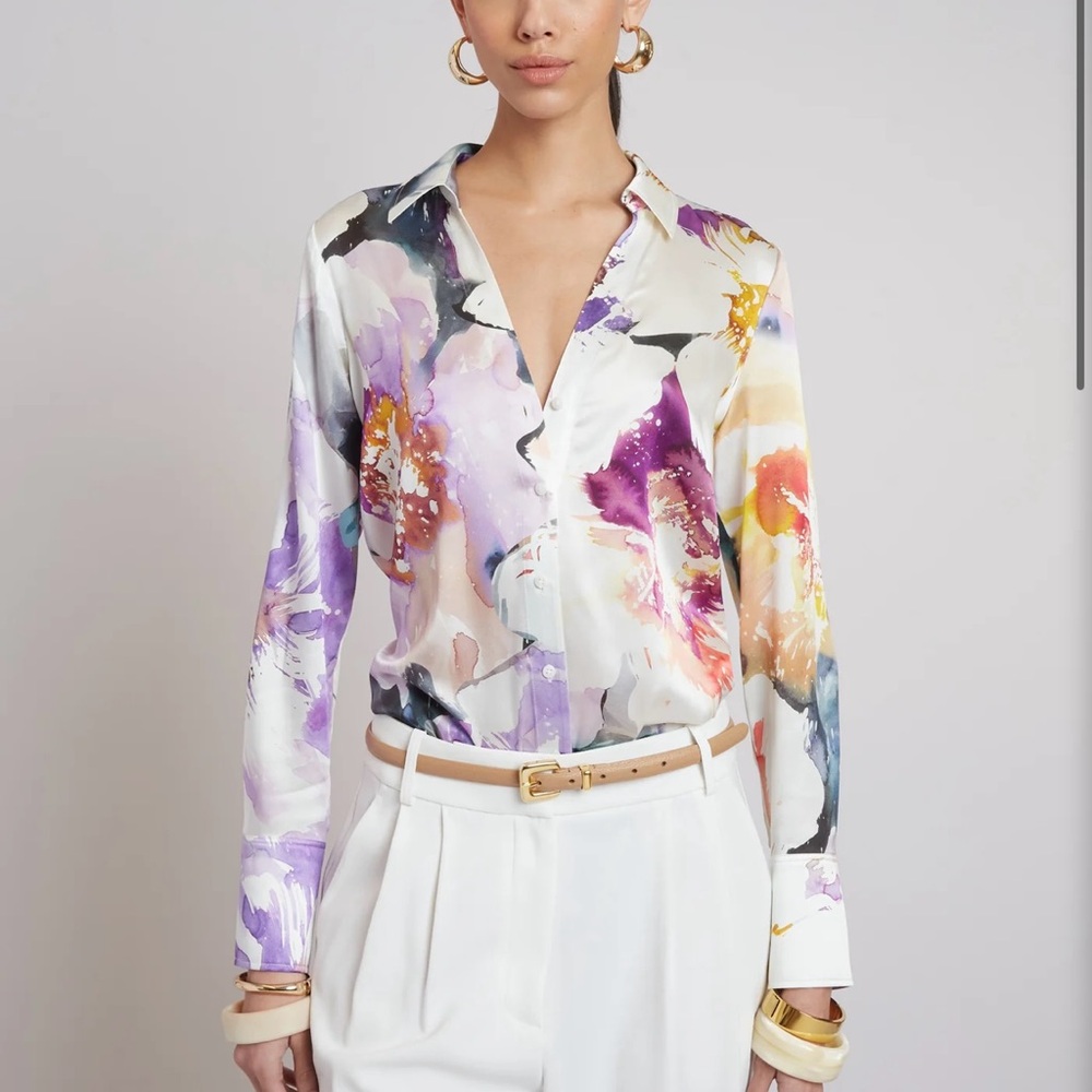 NWT Elie Tahari Silk Satin Bloom Floral Shirt